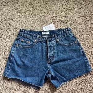 PARKE medium wash blue mini denim shorts